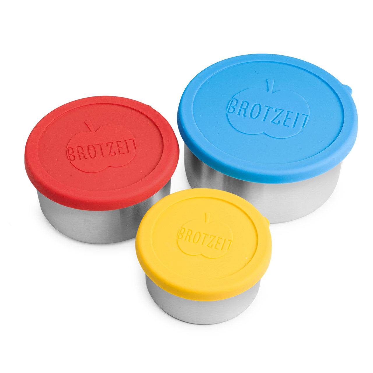 Brotzeit runde Edelstahl-Dosen Dreierlei, 3er Set mit Silikon-Deckel
