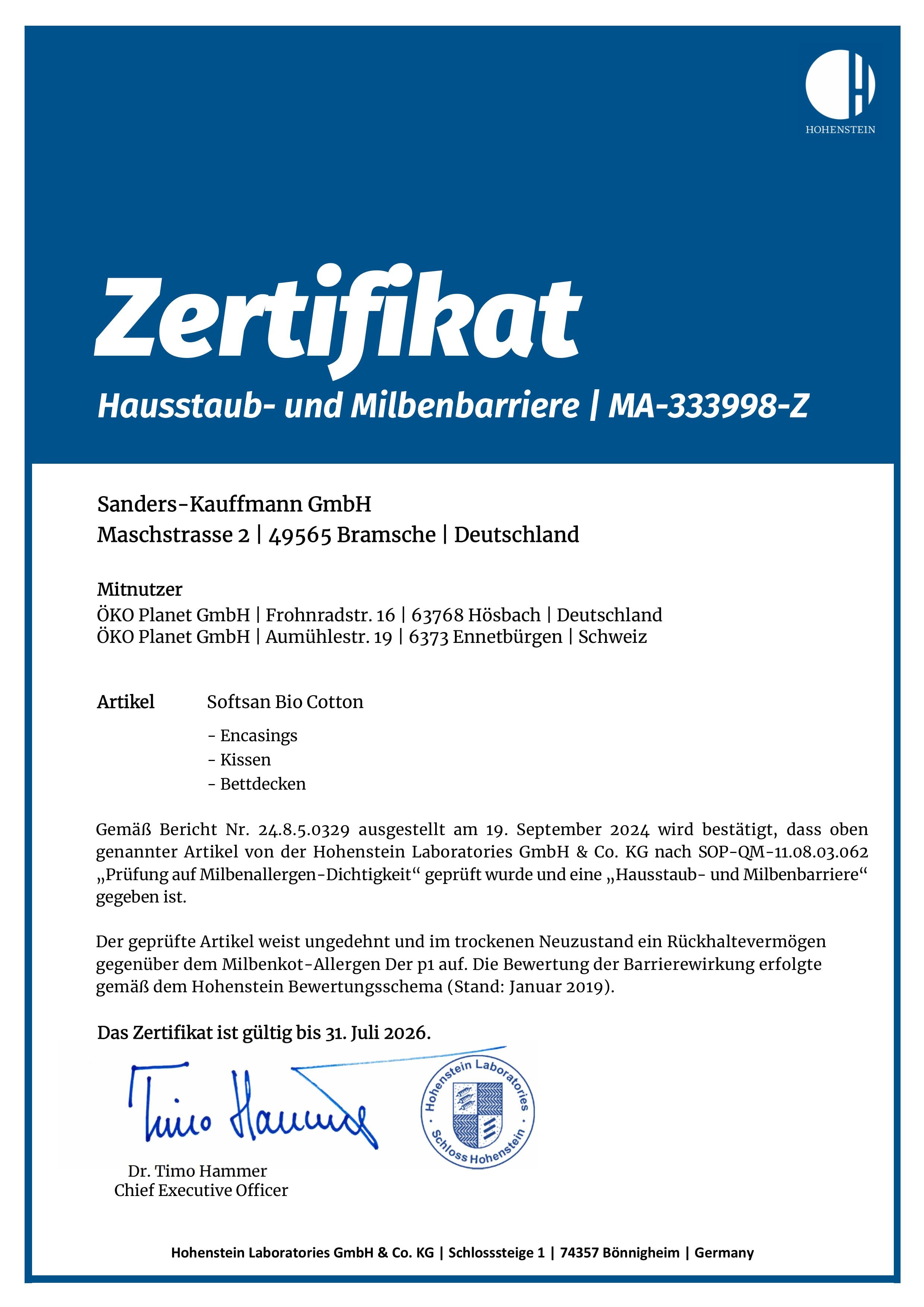 Softsan® Milbenschutz Reiselaken aus Bio Baumwolle