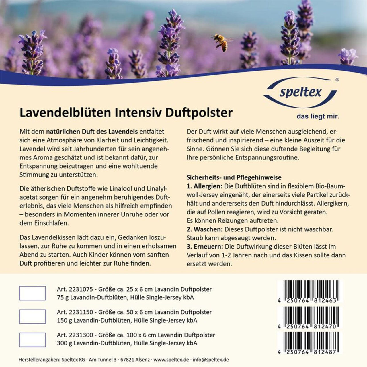 Speltex Duftpolster mit Lavendelblüten Füllung
