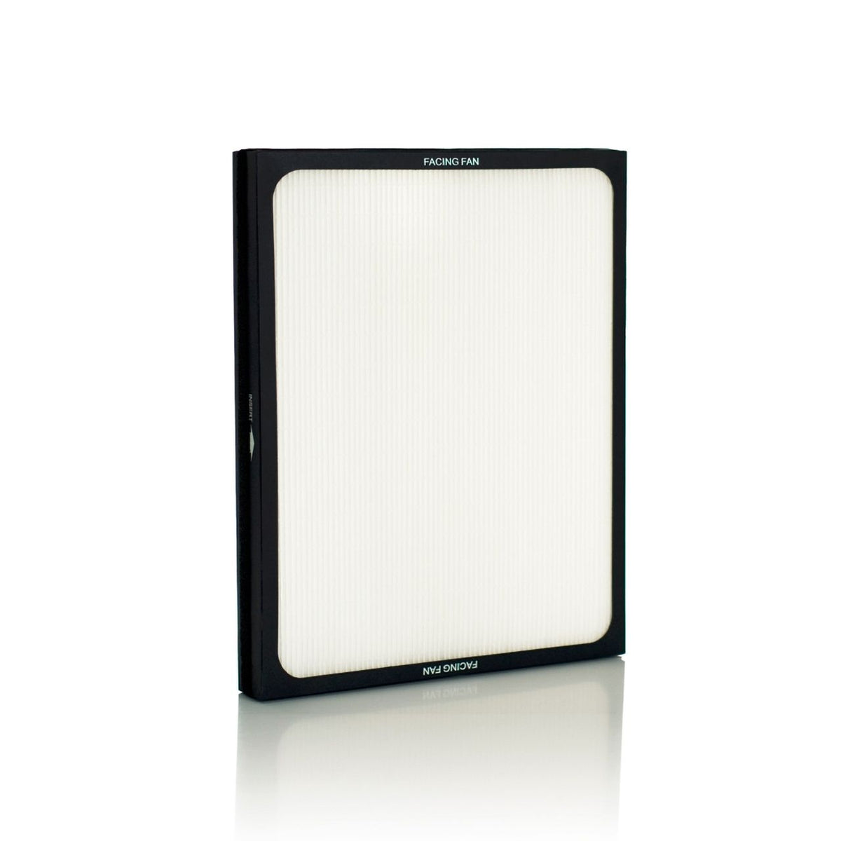 Blueair Partikelfilter der 200er Serie mit schwarzem Rahmen, Aufschrift „Facing Fan“, Schrägansicht