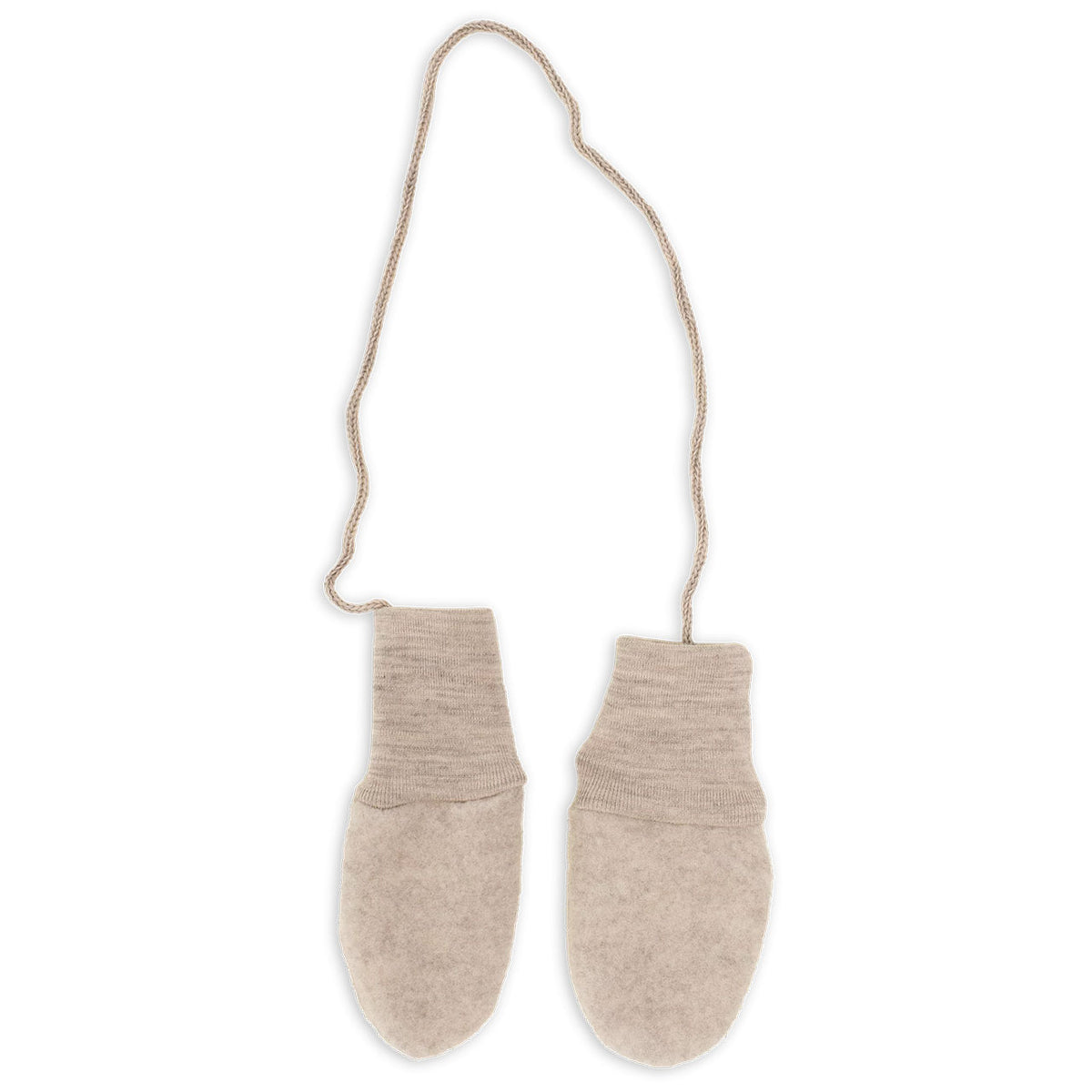 Engel Baby-Fäustel ohne Daumen aus Merinoschurwolle/Fleece, Sand Melange, mit Kordel verbunden