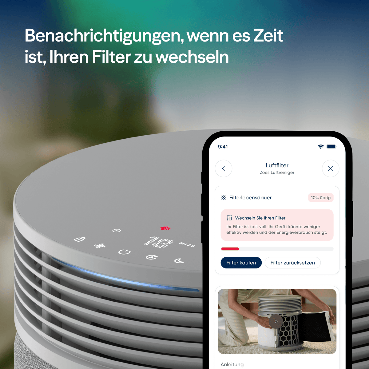 Blueair Luftreiniger mit Smartphone-App-Anzeige zur Filterlebensdauer und Wechselerinnerung