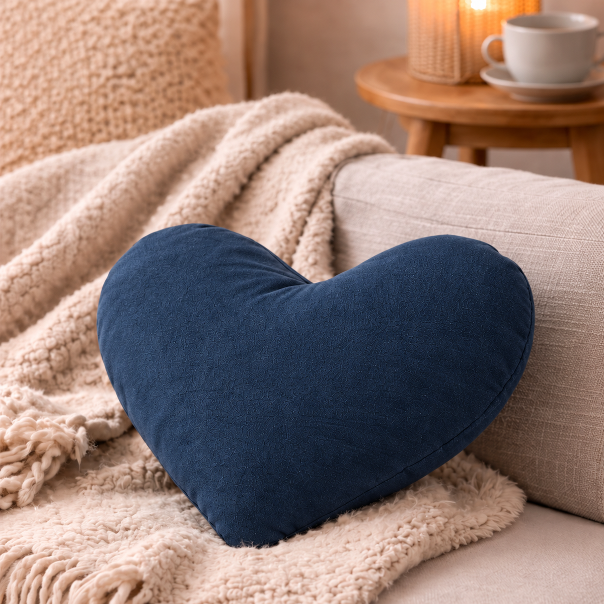 Mudis Duftkissen in Herzform, dunkelblau, auf Couch mit beiger Decke, im Hintergrund Teetasse