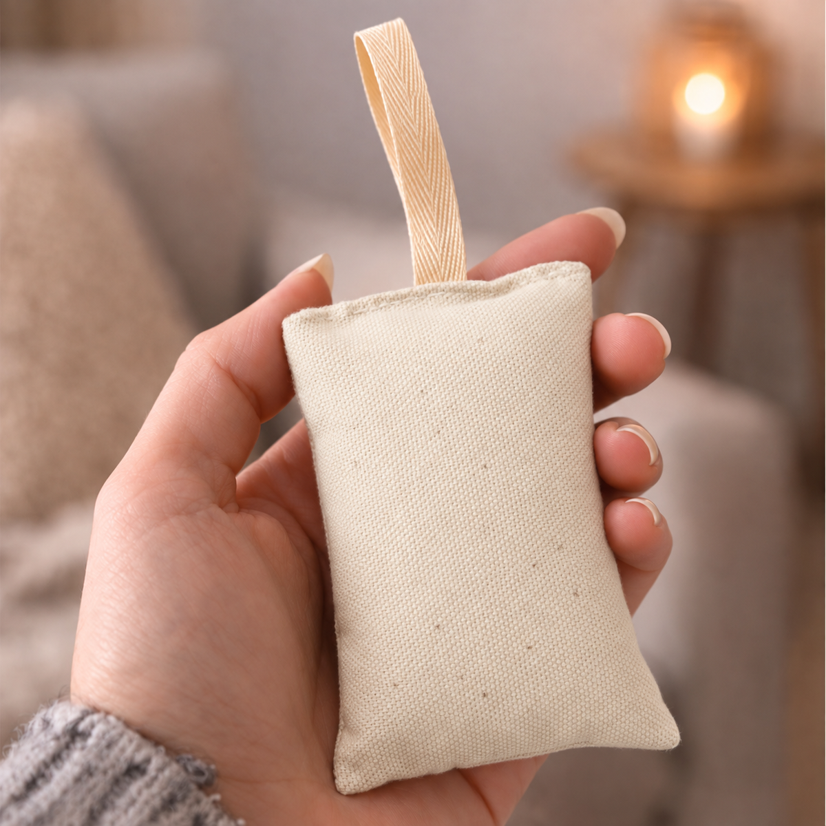 Hand hält Mudis Duftkissen mit Lavendel-Füllung, Farbe Natur, mit Hänge-Schlaufe