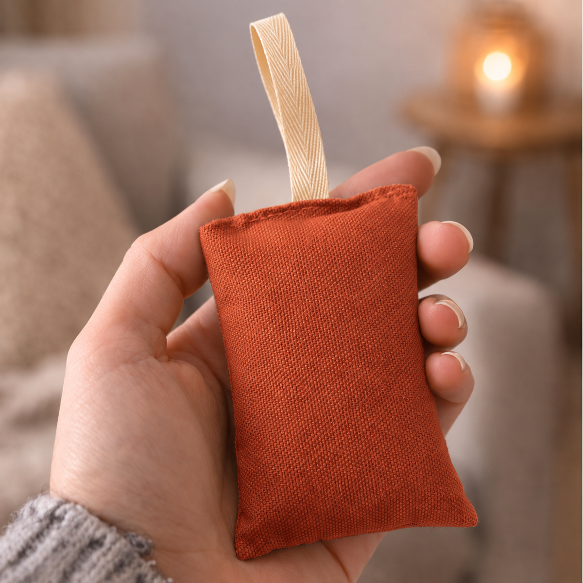 Hand hält Mudis Duftkissen mit Lavendel-Füllung in Terrakotta mit Aufhängeband, Wohnzimmer im Hintergrund