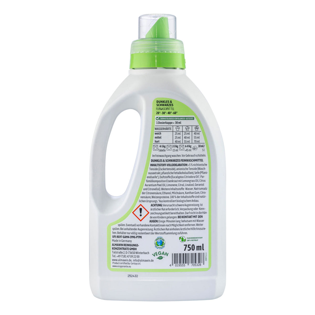 Rückseite der AlmaWin Feinwaschmittel-Flasche für Dunkles & Schwarzes mit Dosierhinweisen und Inhaltsstoffen, 750 ml