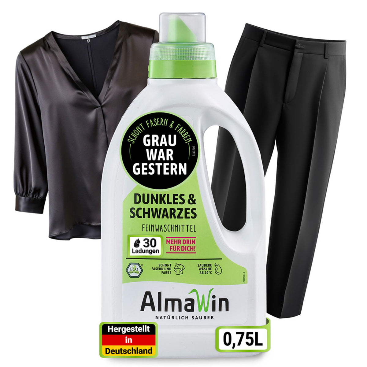 AlmaWin Feinwaschmittel Dunkles & Schwarzes, 0,75 l Flasche, mit schwarzer Bluse und Hose