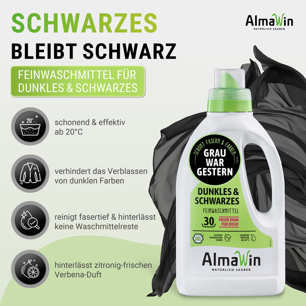 AlmaWin Feinwaschmittel für Dunkles & Schwarzes, Flasche vor schwarzem Stofftuch, Grafik mit Produktvorteilen