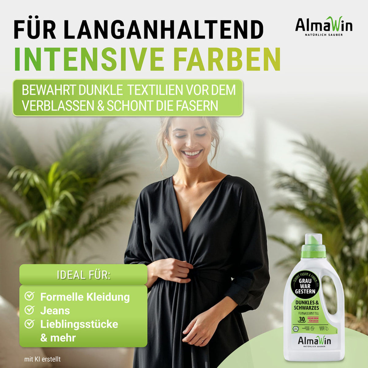 Werbegrafik mit Frau im schwarzen Kleid vor Pflanzen, AlmaWin Flüssigwaschmittel für Dunkles und Schwarzes, Flasche 750 ml