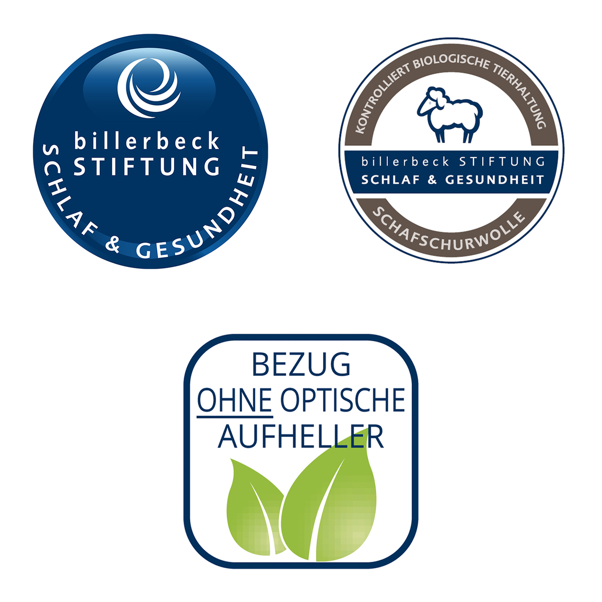 Drei Siegel: „billerbeck STIFTUNG Schlaf & Gesundheit“, „Kontrolliert Biologische Tierhaltung Schafschurwolle“ und „Bezug ohne optische Aufheller“