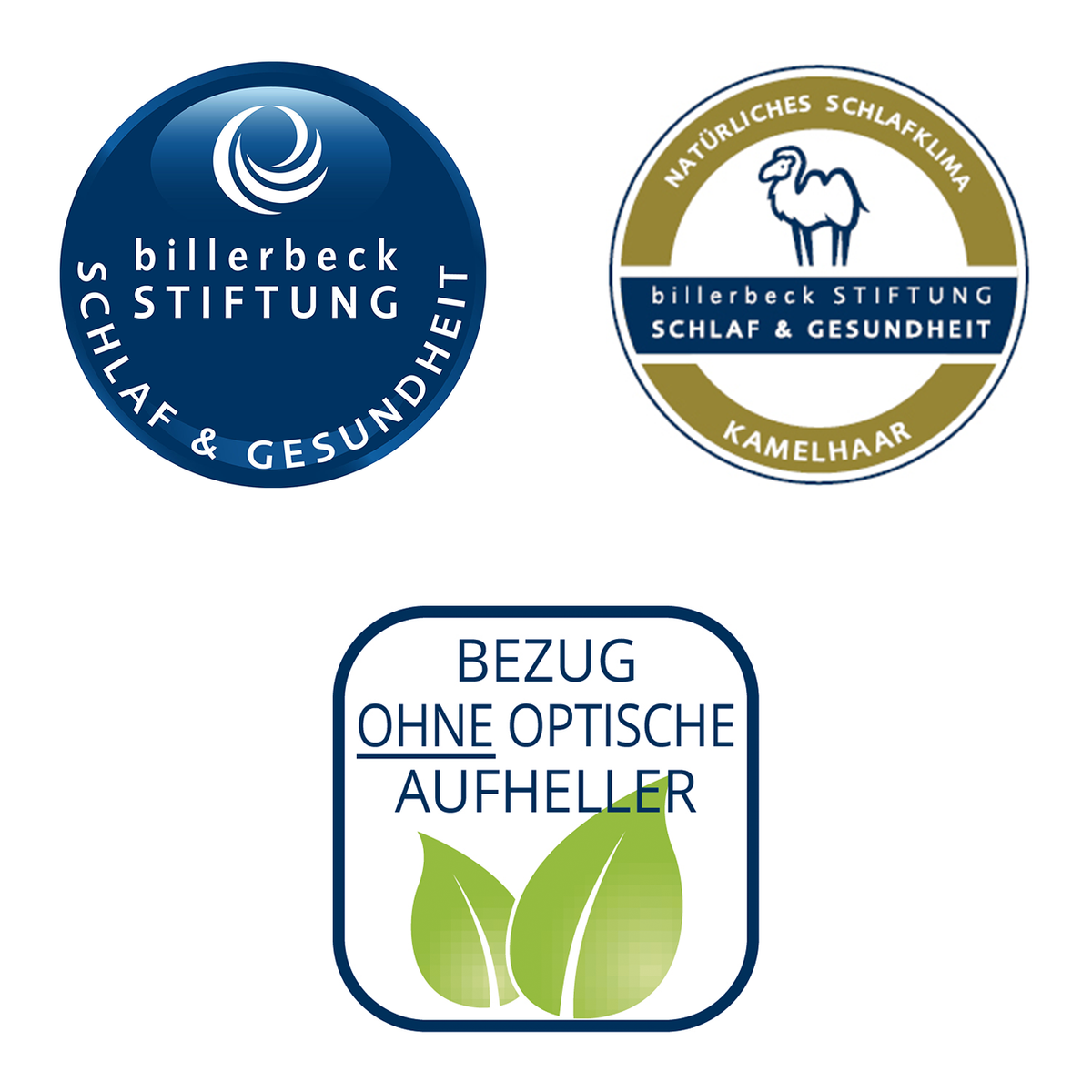 Drei Siegel: „billerbeck Stiftung Schlaf & Gesundheit“, „Natürliches Schlafklima Kamelhaar“ und „Bezug ohne optische Aufheller“