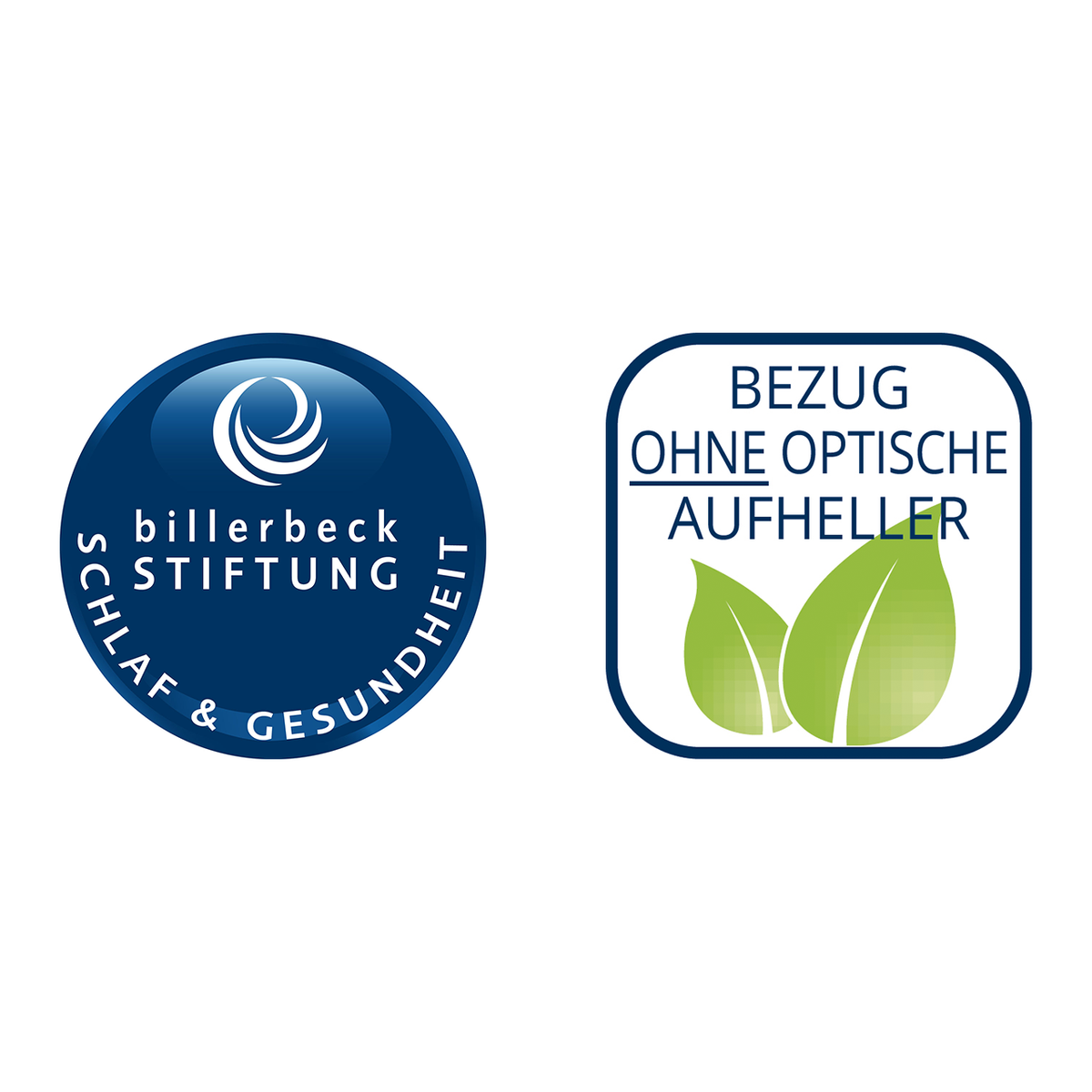 Siegel „billerbeck Stiftung Schlaf & Gesundheit“ und „Bezug ohne optische Aufheller“ mit Blatt-Symbol
