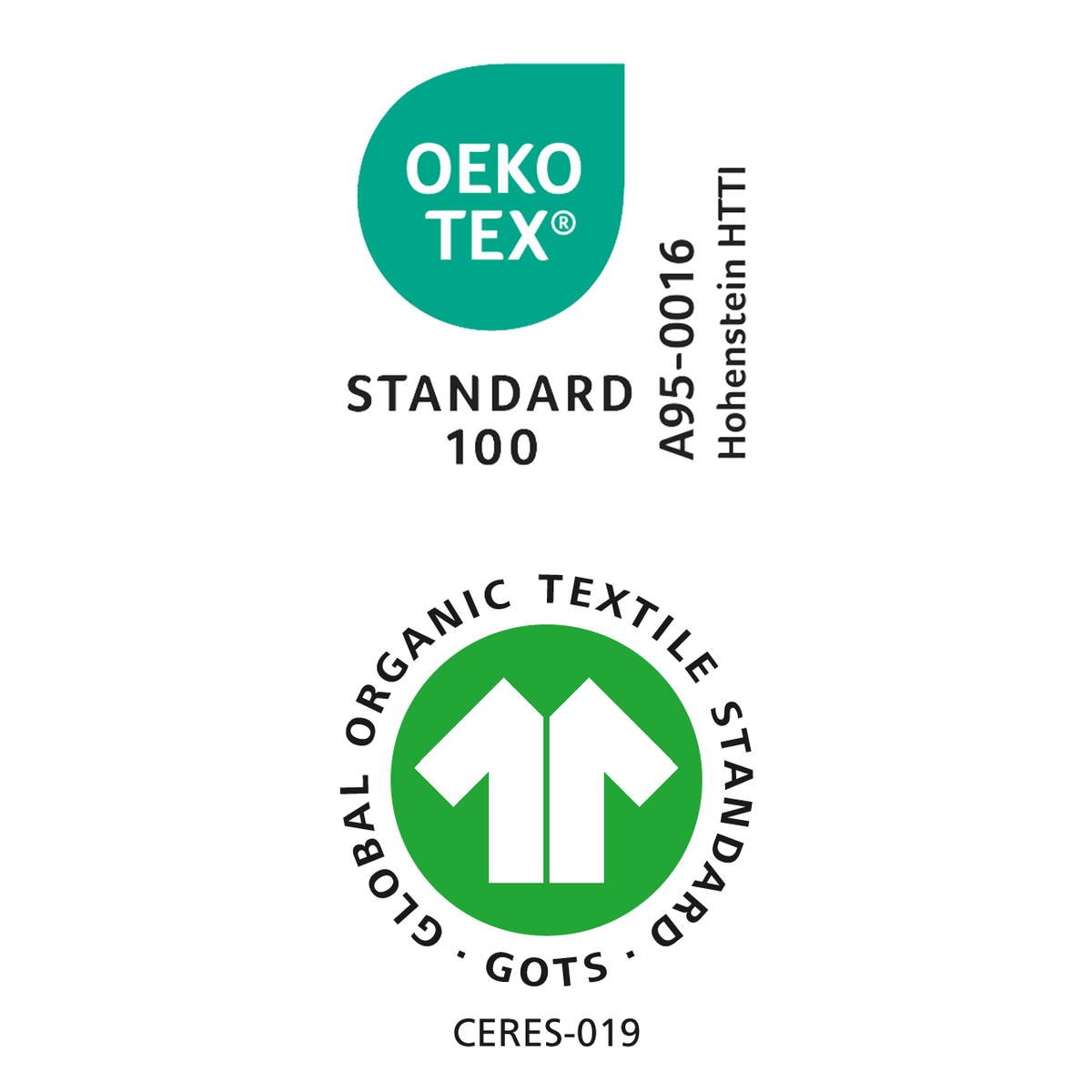 OEKO-TEX Standard 100 Siegel, Prüfnummer A95-0016, und GOTS-Siegel, Zertifizierung CERES-019