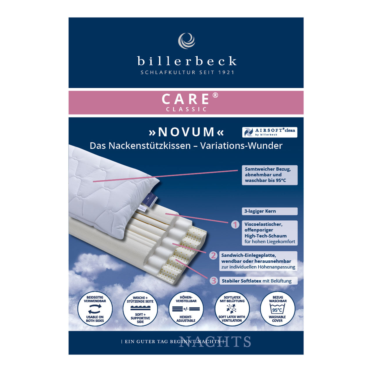 Billerbeck NOVUM Nackenkissen 3-tlg mit viscoelastischem Schaum / Softlatex Kern