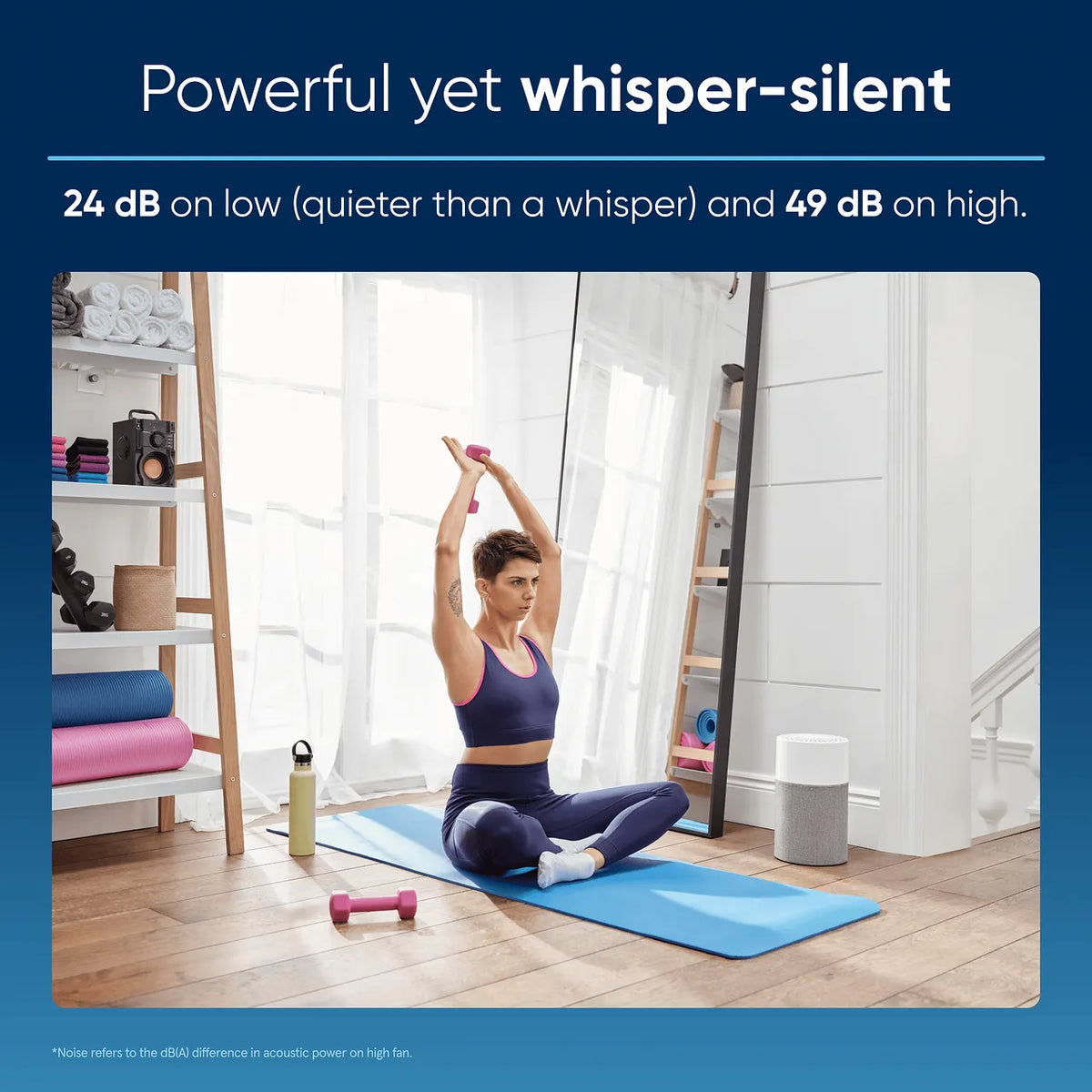 Grafik zu Lautstärke des Blueair Blue Pure 511 Luftreinigers, 24 dB bis 49 dB, Szene im Fitnessraum
