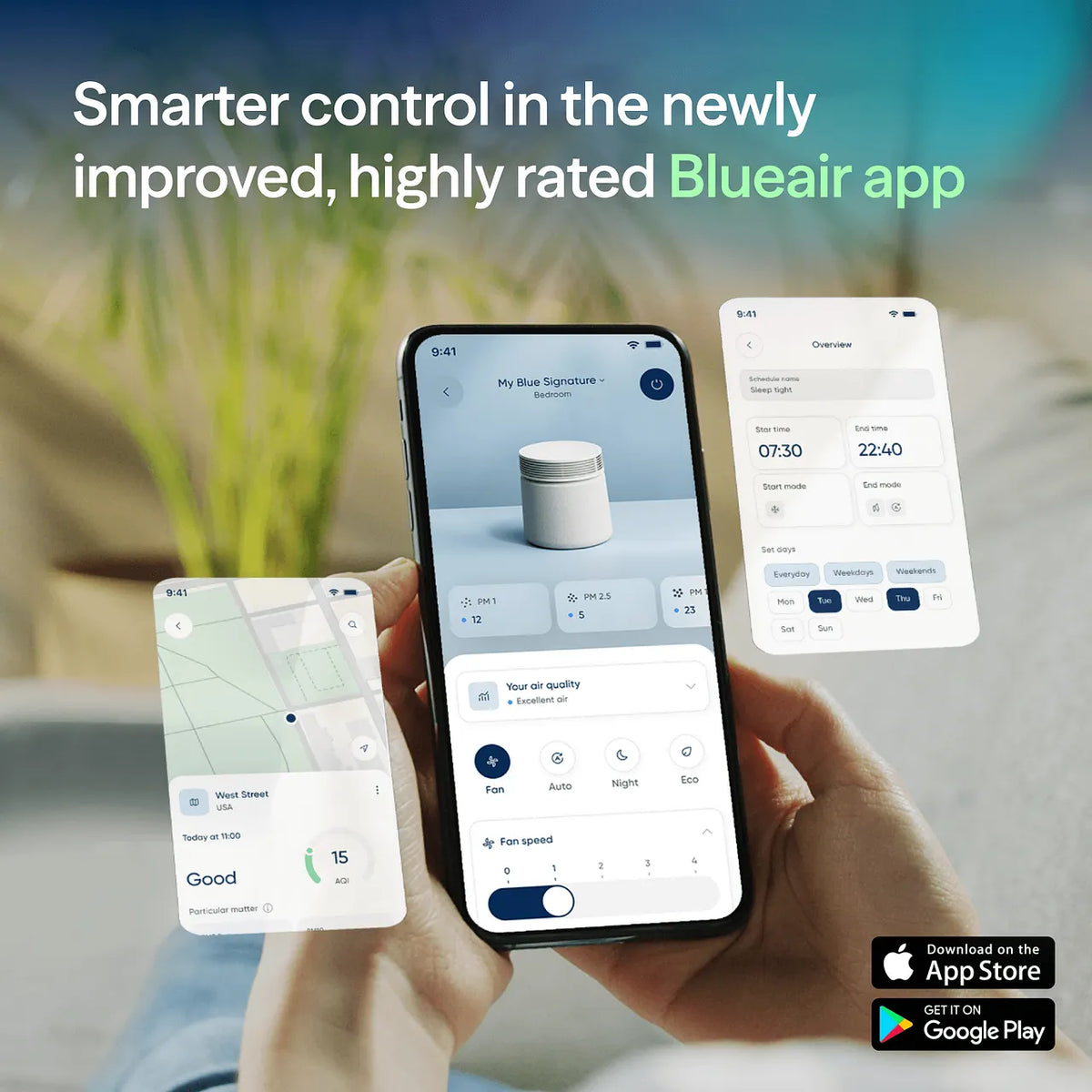 Hände halten Smartphone mit Blueair-App, zeigt Luftqualität, Zeitplan und Kartenansicht des SP4i Luftreinigers