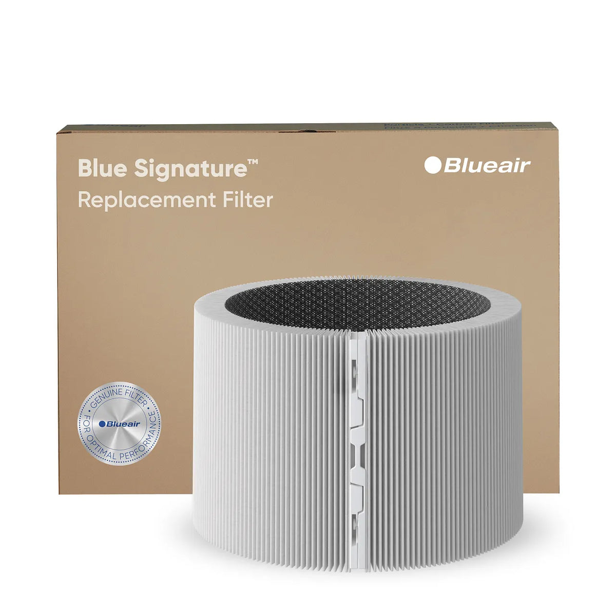Blueair Blue Signature Replacement Filter, gefalteter Rundfilter vor Verpackung mit „Genuine Filter“-Siegel