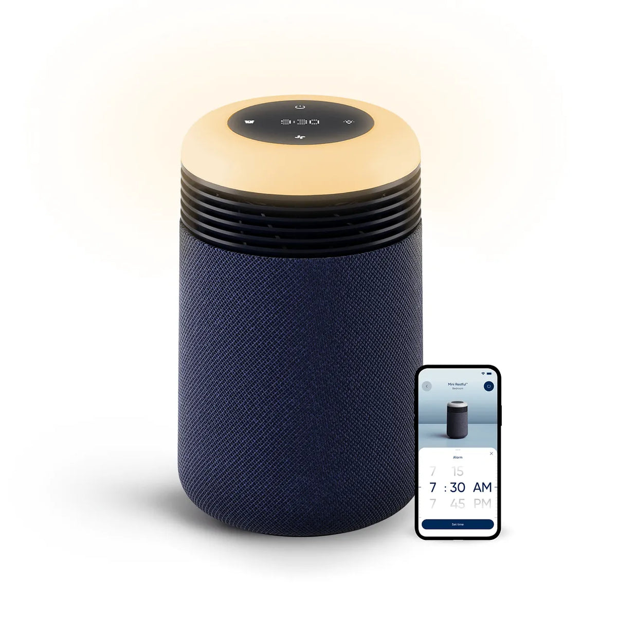 Blueair Mini Restful Luftreiniger mit Lichtwecker in Dunkelblau und Smartphone-App zur Alarmeinstellung