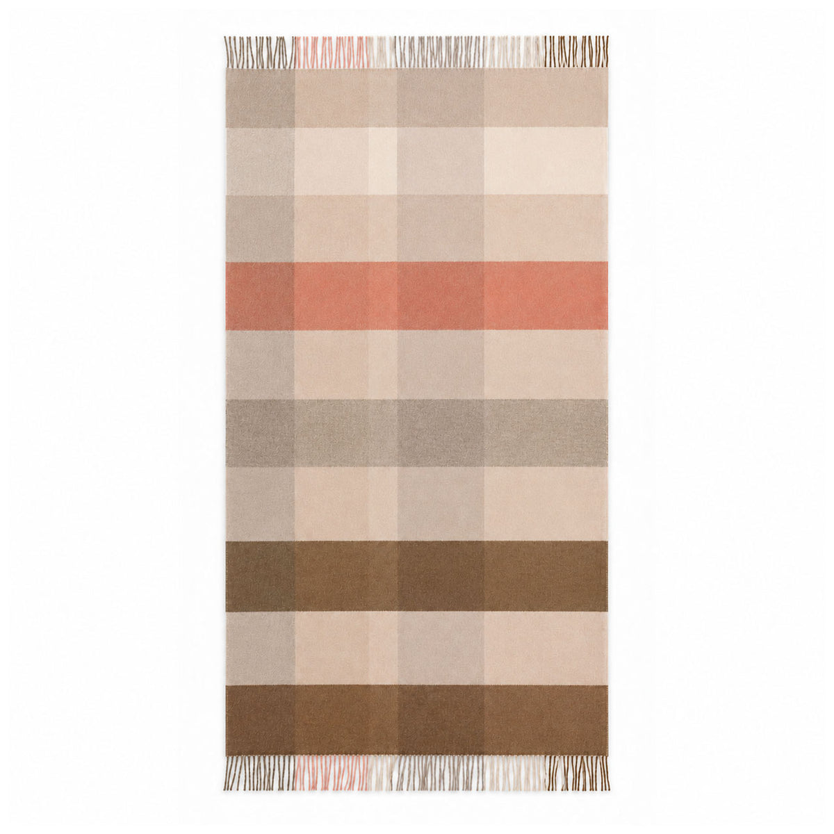 Island-Wollparadies Mara Karo Wolldecke aus Lammschurwolle, braun-beige-rosa Karomuster mit Fransen, Ganzansicht