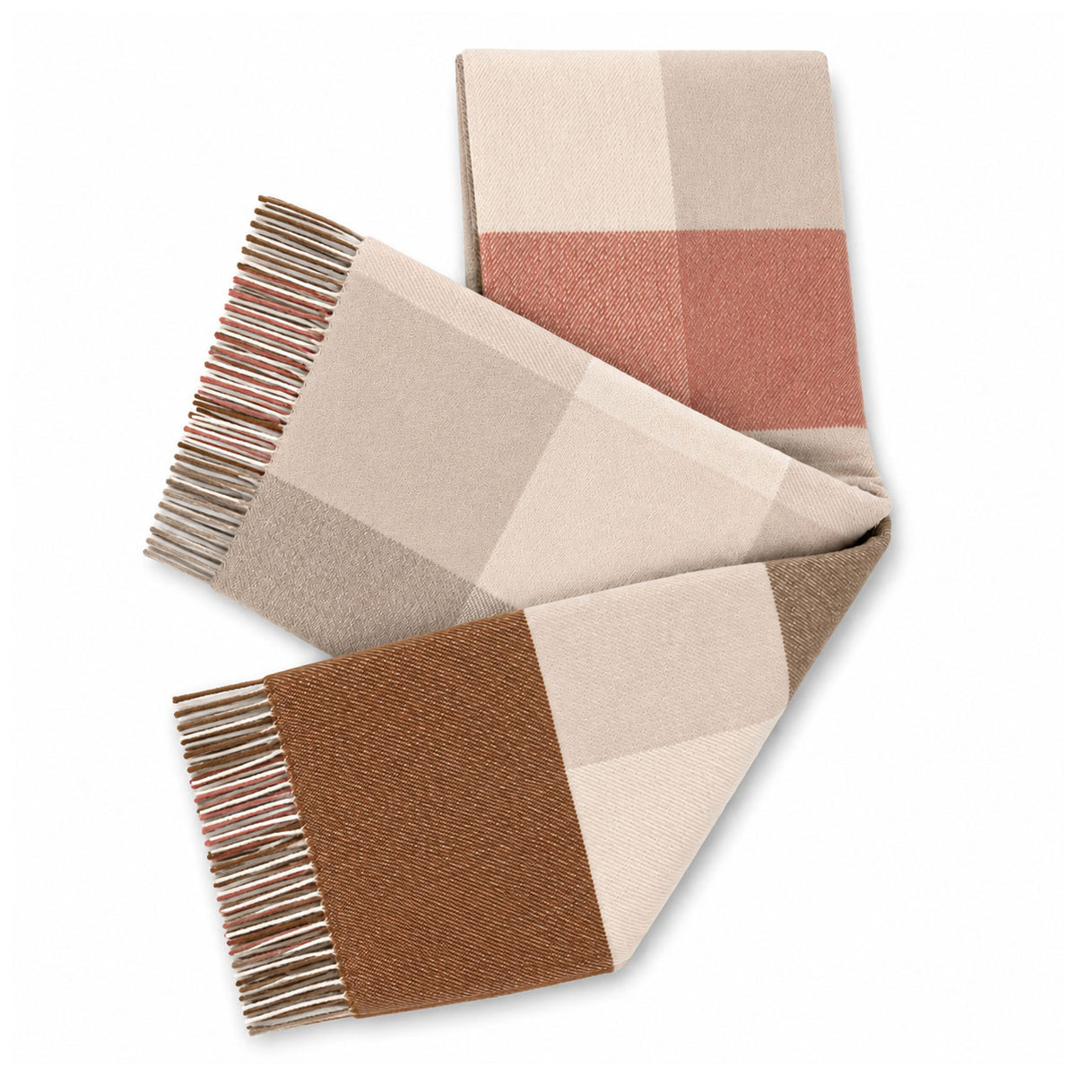 Island Wollparadies Mara Karo Wolldecke aus Lammschurwolle, gefaltet, Karomuster in Braun, Beige und Rosé mit Fransen