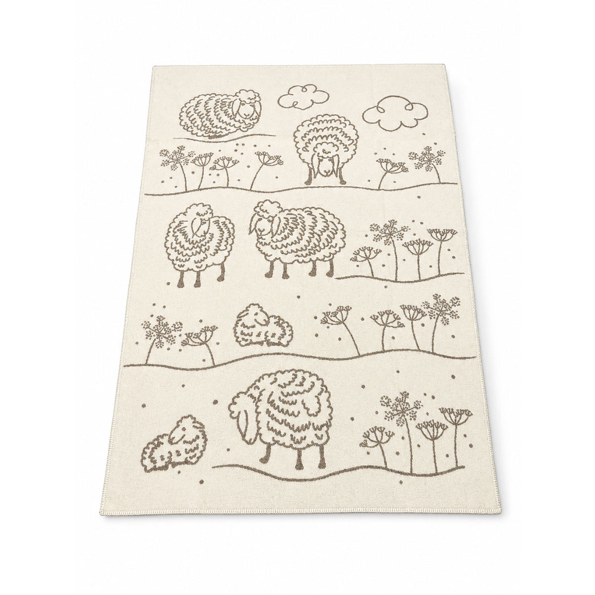 Island-Wollparadies Wolldecke beige-weiß mit gewebtem Schafmotiv und Wiesenblumen, Gesamtansicht