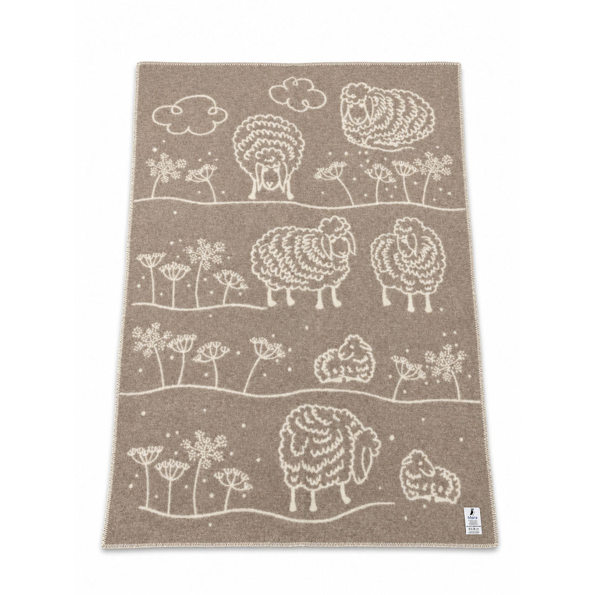 Island-Wollparadies Schaf Wolldecke aus Lammschurwolle, beige mit Schafmotiven, Gesamtansicht
