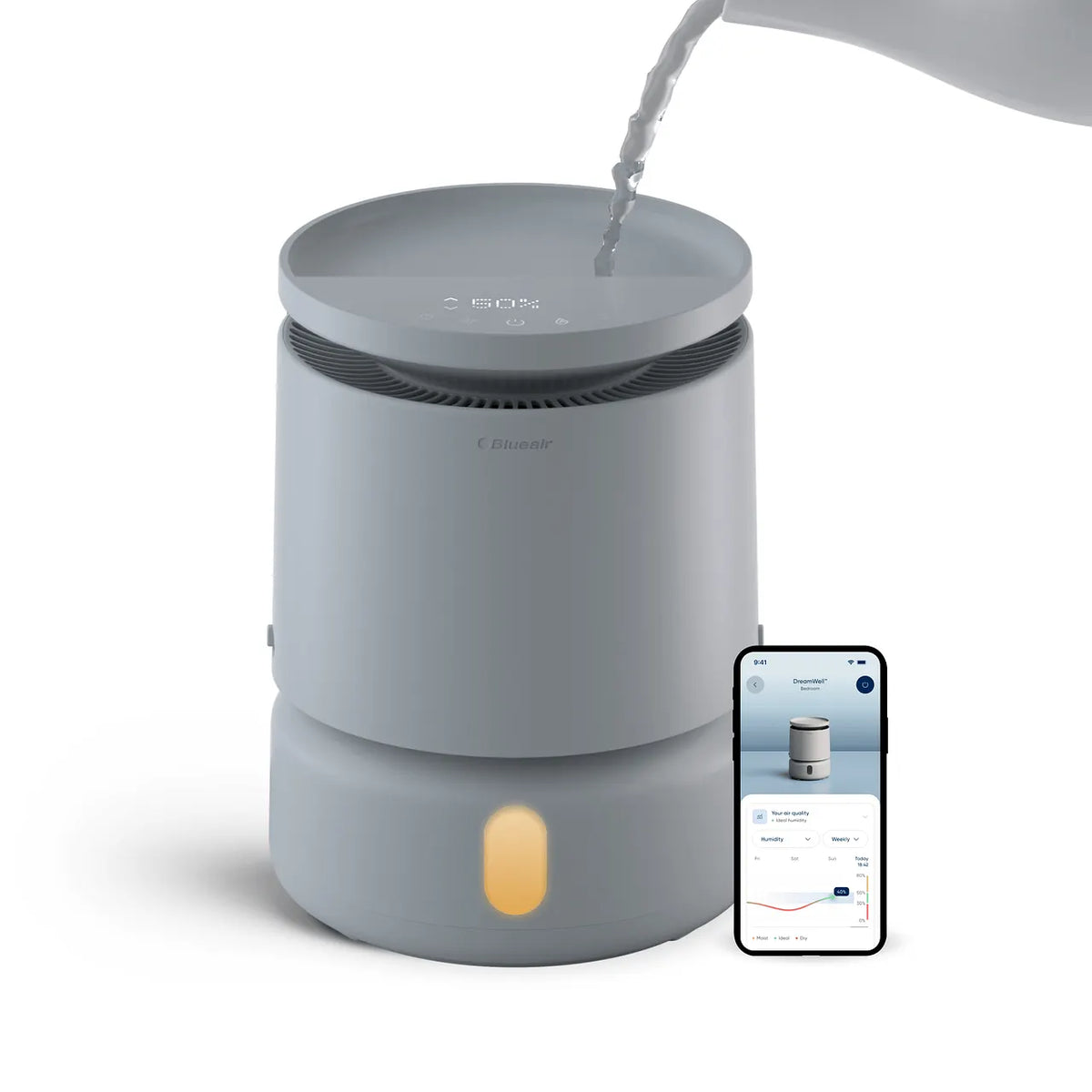Blueair DreamWell H38i Luftbefeuchter in Grau, Wasser wird eingefüllt, Smartphone mit App daneben