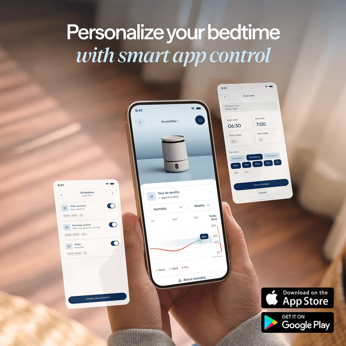 Smartphone-Displays zeigen Blueair-App mit Zeitplänen, Luftfeuchtigkeitsverlauf und Luftbefeuchter-Steuerung