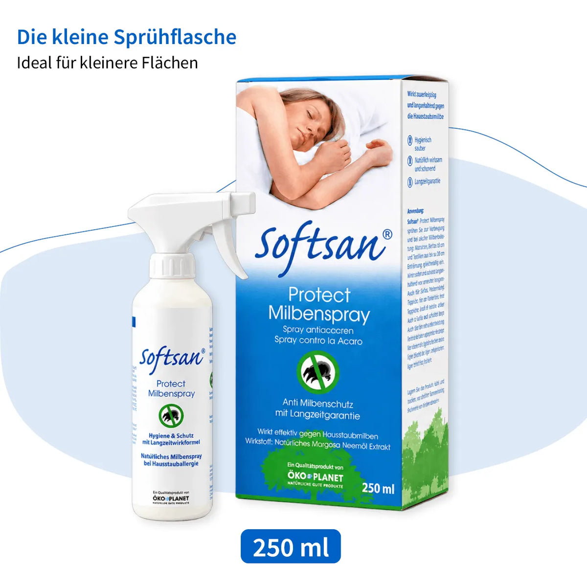 Softsan Protect Milbenspray 250 ml, Sprühflasche und Verpackung mit schlafender Frau im Bett