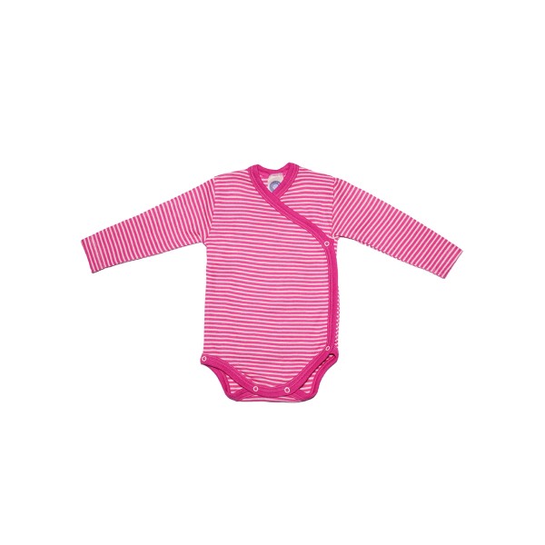 Cosilana Langarm Baby-Wickelbody aus Bio Wolle / Seide in Farbe Geringelt Pep-Pink