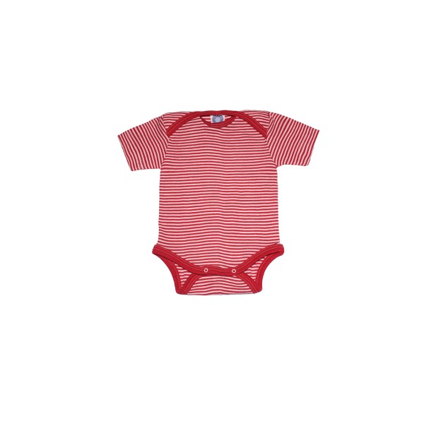 Cosilana Baby Kurzarm-Body aus Bio Wolle / Seide, Geringelt Rot