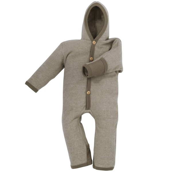 Cosilana Baby Overall mit Kapuze und Kratzschutz aus Bio Wolle / Bio Baumwolle in Farbe Latte Macciato-Melange