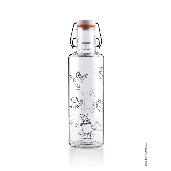 soulbottles - 0,6l Design Trinkflasche aus Glas, "Die Maus Crew" Design, vorne
