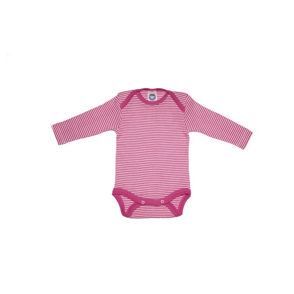 Cosilana Baby Langarm-Body aus Bio Wolle / Seide, Geringelt Pep-Pink