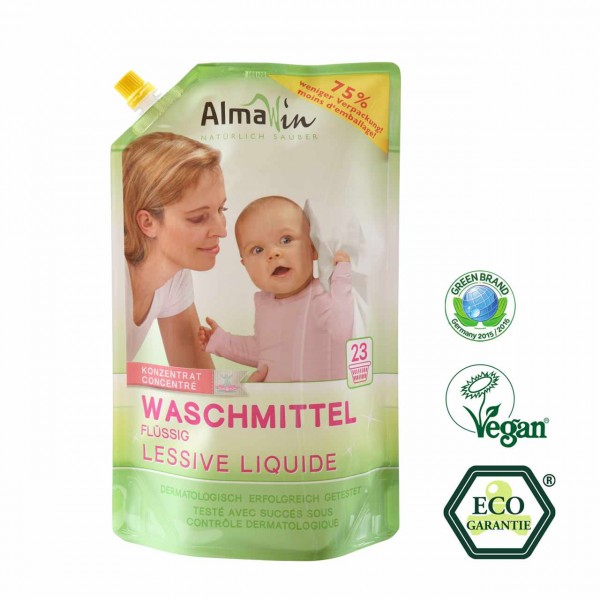 Almawin flüssig Waschmittel im Ökopack, haut-, und umweltfreundlich - schonend für alle Baumwollfasern.