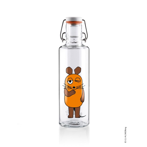soulbottles - 0,6l Design Trinkflasche aus Glas, "Die Maus" Design, vorne
