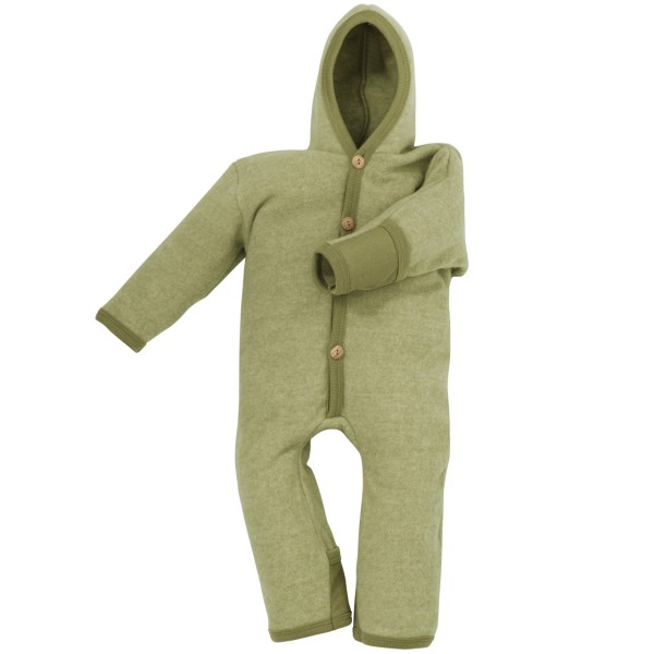 Cosilana Baby Overall mit Kapuze und Kratzschutz aus Bio Wolle / Bio Baumwolle in Farbe Lindgrün-Melange